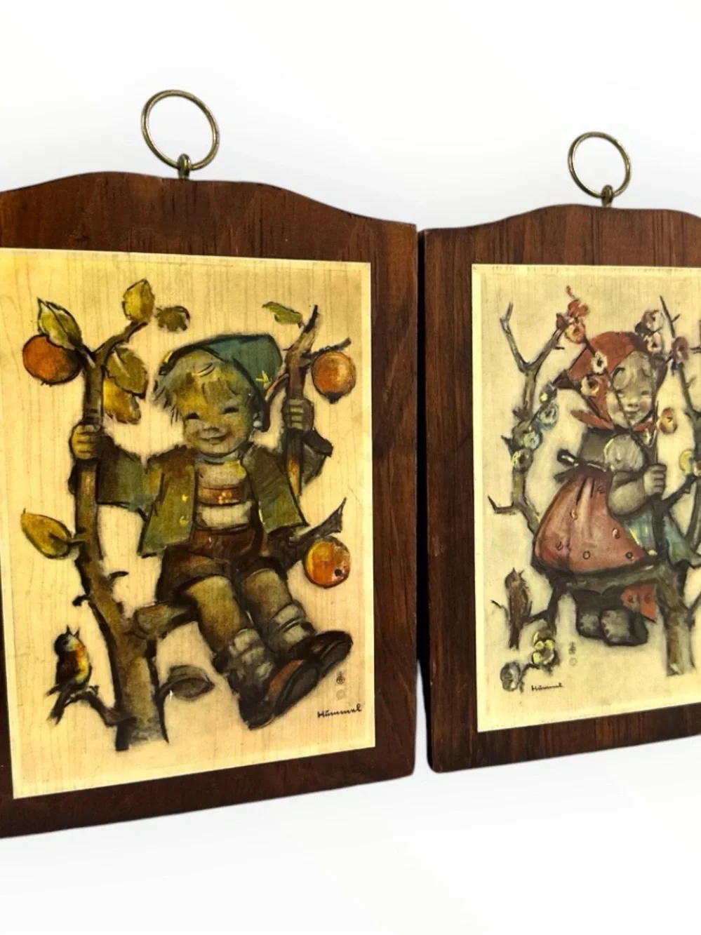 Vintage M.I. Hummel Apple Tree Boy & Girl 7.25” Wood Wall Plaques Set of 2